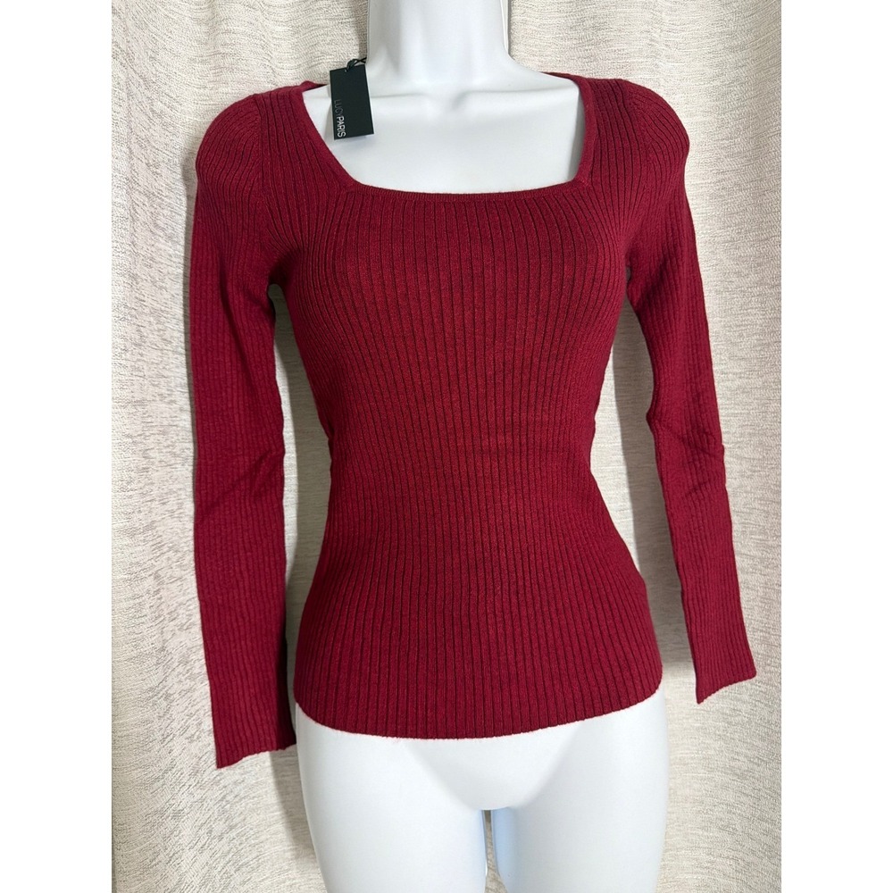 Lucy Paris Womens Burgundy Red Ribbed Square Neck Long Sleeve NWT size medium
